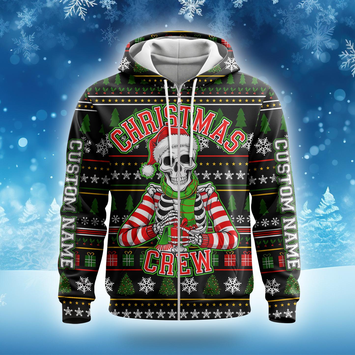 Funny Skeleton Christmas Hoodie – Custom Name Christmas Crew Zip Up