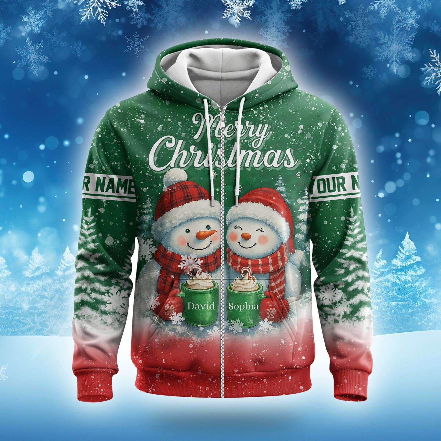 Personalized Snowman Couple Christmas Hoodie – Cute Merry Christmas Zip Up, Custom Name Gift, Custom Choo