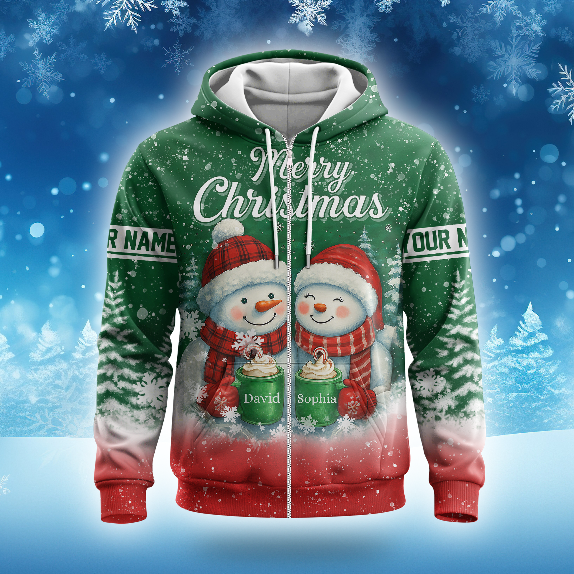 Personalized Snowman Couple Christmas Hoodie – Cute Merry Christmas Zip Up, Custom Name Gift, Custom Choo