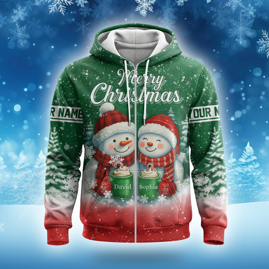 Personalized Snowman Couple Christmas Hoodie – Cute Merry Christmas Zip Up, Custom Name Gift, Custom Choo