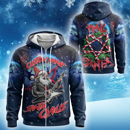 Hail Santa Hoodie – Rock Santa Claus Christmas Hoodie, Personalized Name Gift for Metal Fans