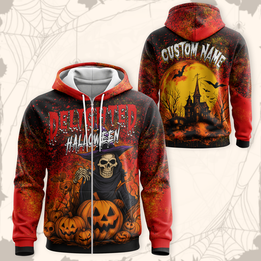 Delighted Halloween Hoodie – Grim Reaper Skeleton with Pumpkins – Custom Name Zip Up, Custom Choo