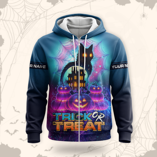 Personalized Trick or Treat Hoodie – Haunted House Black Cat Halloween Zip Up, Custom Choo