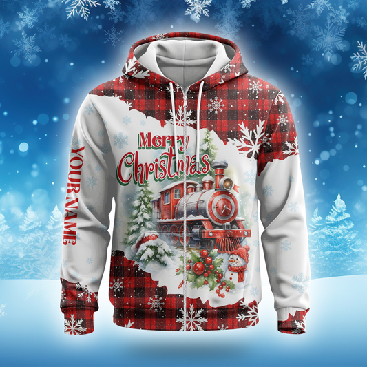 Christmas Train Hoodie – Vintage Steam Engine Design, Custom Name Plaid Holiday Zip Up, Custom Choo