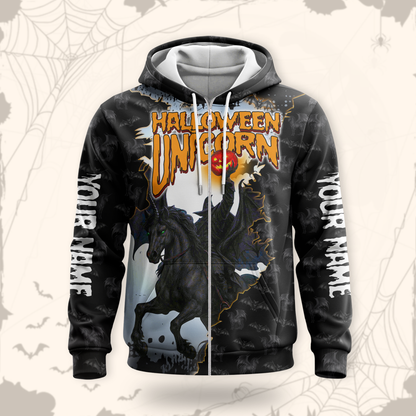 Halloween Unicorn Hoodie – Spooky Black Unicorn Zip Up Jacket, Custom Name Gift, Custom Choo