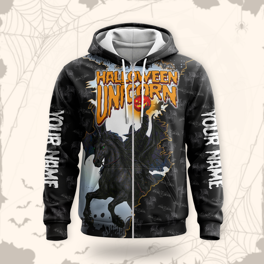 Halloween Unicorn Hoodie – Spooky Black Unicorn Zip Up Jacket, Custom Name Gift, Custom Choo
