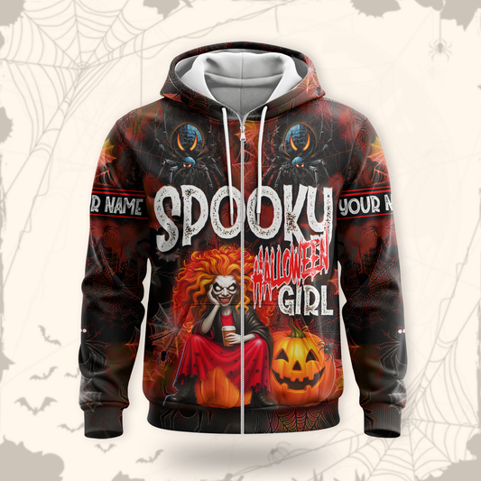 Spooky Halloween Girl Hoodie – Personalized Name Creepy Zip Up Jacket, Custom Choo