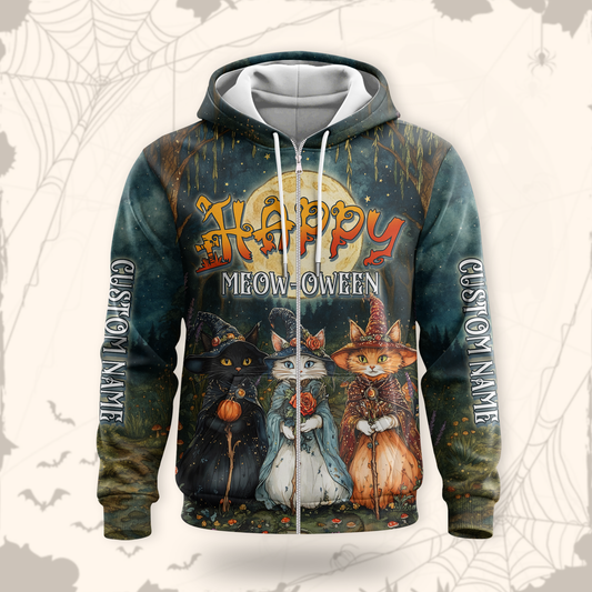 Happy Meow-Oween Hoodie – Halloween Cat Witch 3D Zip Up – Custom Name Hoodie, Custom Choo