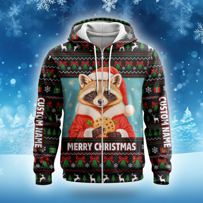 Personalized Raccoon Christmas Hoodie – Cute Merry Christmas Zip Up