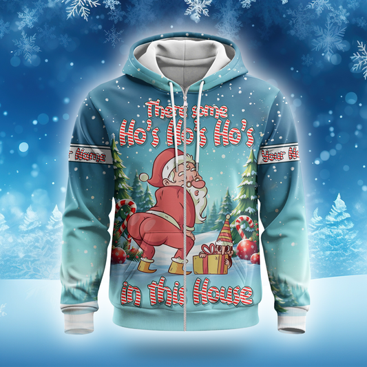 There Some Ho’s In This House Hoodie – Funny Santa Butt Design, Custom Name Christmas Zip Up, Custom Choo