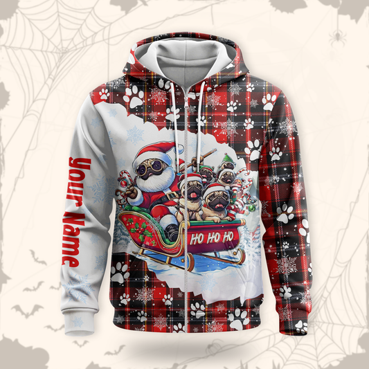 Christmas Pug Hoodie – Santa Sleigh Ride Plaid Hoodie – Custom Name Dog Lovers Gift, Custom Choo
