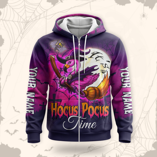 Personalized Hocus Pocus Hoodie – Flamingo Witch on Broom Halloween Zip Up, Custom Choo