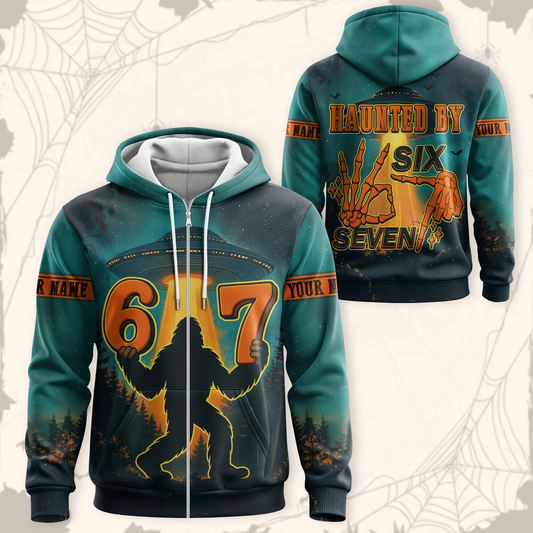 Personalized Bigfoot Hoodie – Haunted by 67 Alien UFO Halloween Zip Up, Custom Choo