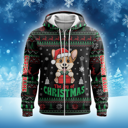 Personalized Corgi Christmas Hoodie – The Joy of Christmas Zip Up