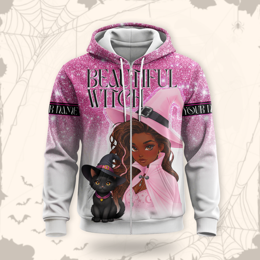 Personalized Beautiful Witch Hoodie – Pink Witch and Black Cat Halloween Zip Up, Custom Choo