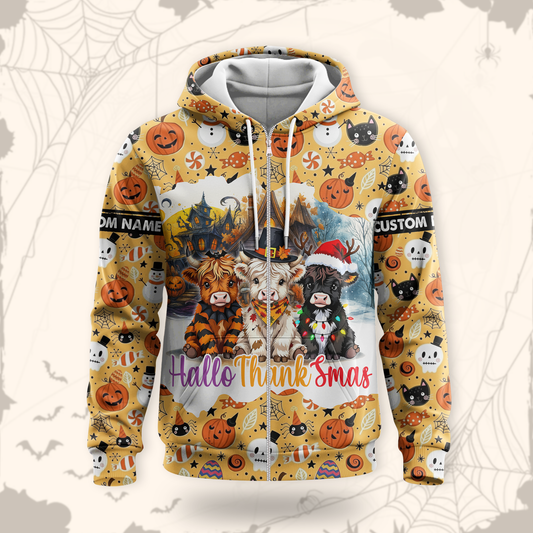 HalloThanksmas Hoodie – Funny Cow Family Halloween Thanksgiving Christmas Sweater, Custom Choo