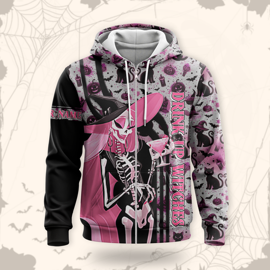 Personalized Halloween Hoodie – Drink Up Witches Pink Black Gothic Jacket, Custom Choo