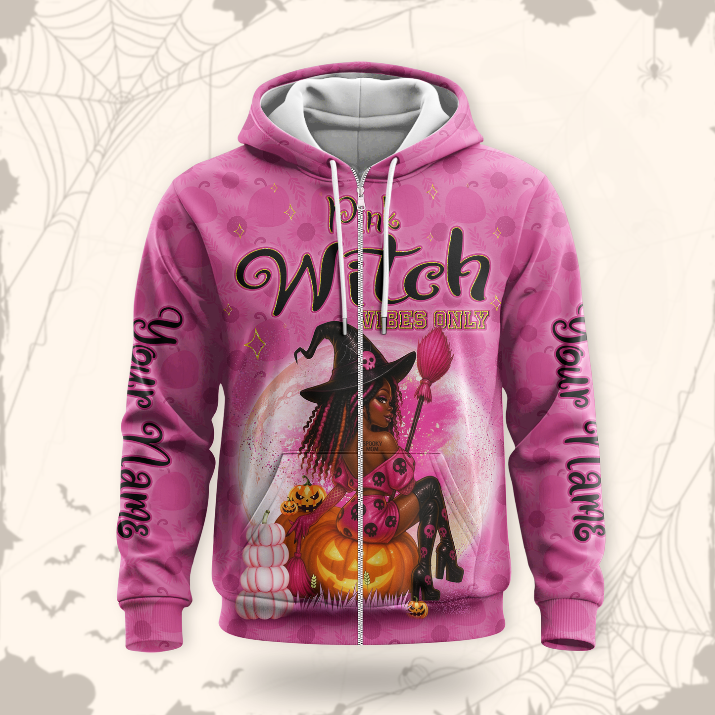 Personalized Pink Witch Hoodie – Halloween Witch Girl Pumpkin Zip Up Sweatshirt, Custom Choo