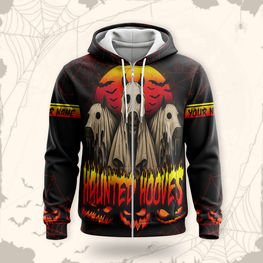 Personalized Haunted Hooves Hoodie – Ghost Horse Halloween Zip Up Jacket, Custom Choo