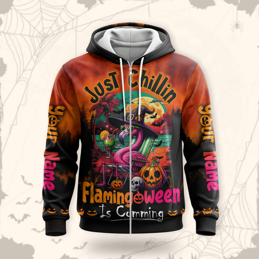 Personalized Flamingo Halloween Hoodie – Just Chillin Flamingoween Zip Up, Custom Choo