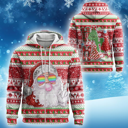 Disco Santa Christmas Hoodie – Funny Rainbow Glasses Design, Ugly Christmas Zip Up, Custom Choo