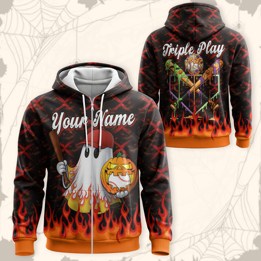 Personalized Baseball Halloween Hoodie – Ghost with Pumpkin & Bat, Custom Name Zip Up, Custom Choo