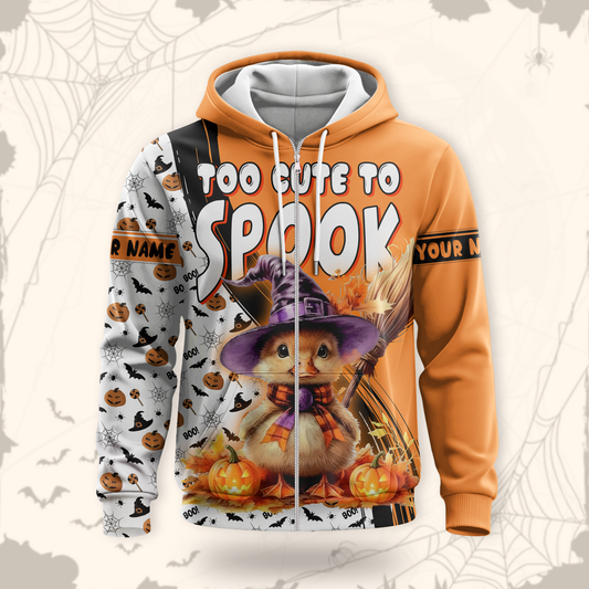 Too Cute To Spook Halloween Hoodie – Personalized Name Pumpkin Witch Cat Jacket, Custom Choo