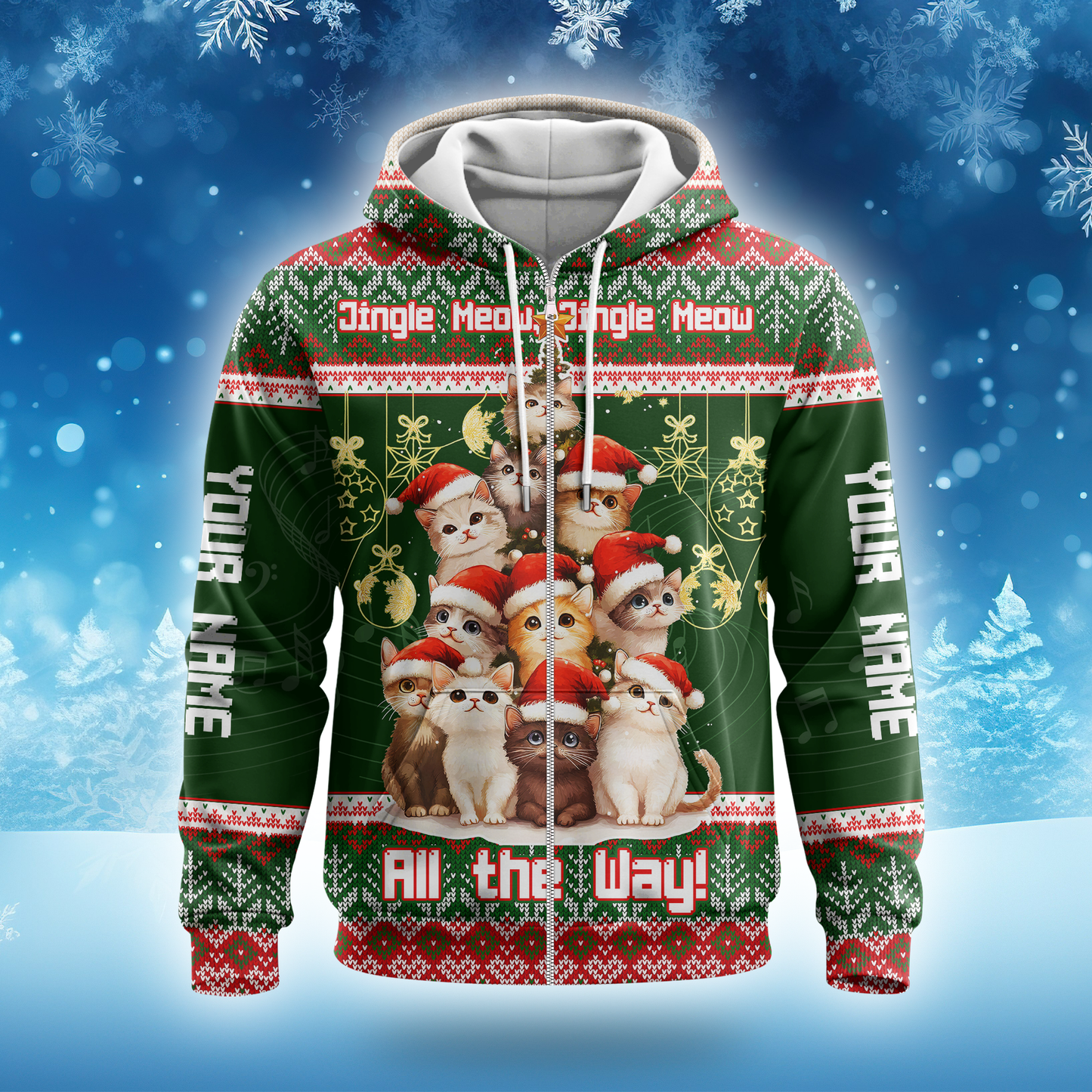 Jingle Meow Christmas Cat Hoodie – Personalized Name Cat Lovers Holiday Sweatshirt