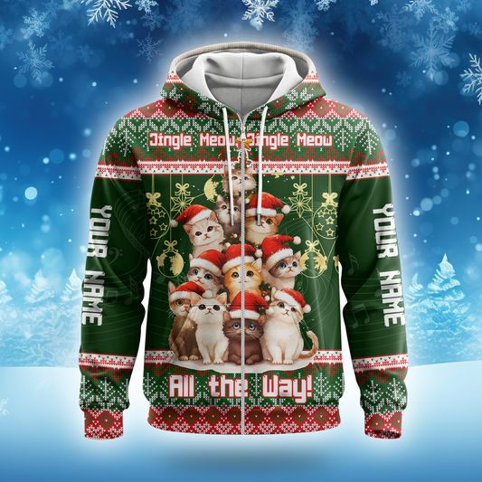 Jingle Meow Christmas Cat Hoodie – Personalized Name Cat Lovers Holiday Sweatshirt