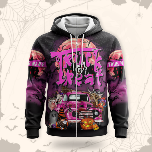 Trick or Treat Truck Hoodie – Halloween Farm Animals & Pumpkin Zip Up, Custom Name, Custom Choo