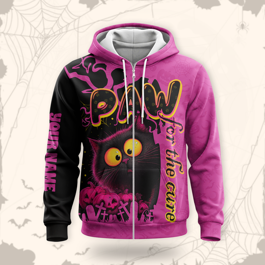 Personalized Cat Hoodie – Paw for the Cure Black Cat Pink Halloween Zip Up, Custom Choo